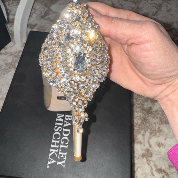 Badgley Mischka Champagne Satin Pump with Crystal Heel Accent - Picture 5 of 8